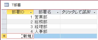 部署テーブルのサンプルデータ